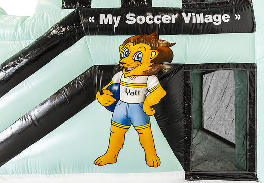 Order online inflatable pastel blue Yali Air Multiplay soccer bounce houses fully equiped with a custom soccer theme at JB Promotions America ; specialist in inflatable advertising items such as custom bouncers