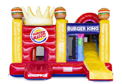 Custom Burger king multiplay bounce houses including 3D, customer logos, suitable for open days and other promotional purposes. Order custom bounce houses at JB Promotions America