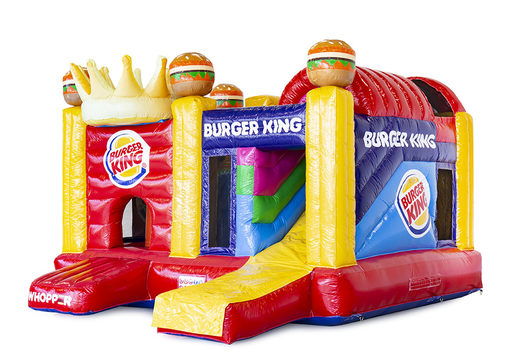 Personalized Burger king multiplay bounce houses including 3D, having the customer's logos made in their own corporate identity at JB Promotions America. Order online custom promotional bounce houses in all shapes and sizes