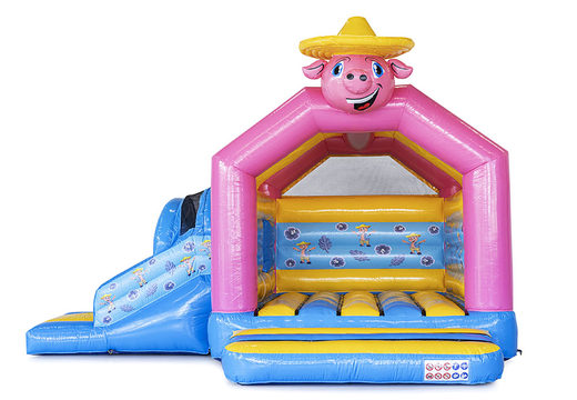 Buy custom inflatable Pig happy multifun bounce houses with slide in different shapes and sizes at JB Inflatables America. Promotional inflatables in all shapes and sizes made at JB Promotions  America 