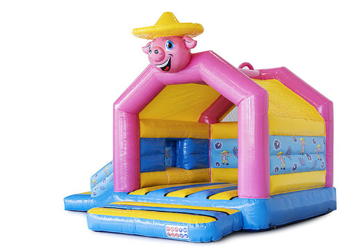 Buy promotional custom Pig happy multifun bounce houses with slide. Order now inflatable advertising bounce houses in your own corporate identity at JB Inflatables America 
