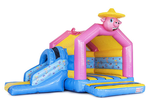 Order now custom Pig happy multifun bounce houses with slide at JB Promotions America . Custom made inflatable advertising bouncers in different shapes and sizes for sale