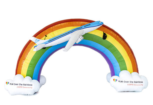 Order custom rainbow advertisement arch with 3D airplane for any event at JB Promotions Nederland. Custom made inflatable advertising arches for sale