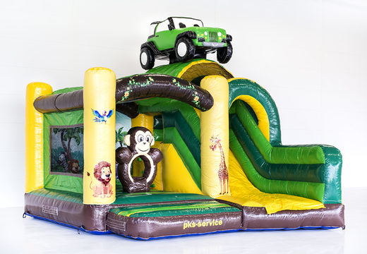 Order a custom online inflatable PKS - Jungle bounce house with 3D object of a Jeep at JB Promotions America; specialist in inflatable advertising items such as custom bouncers