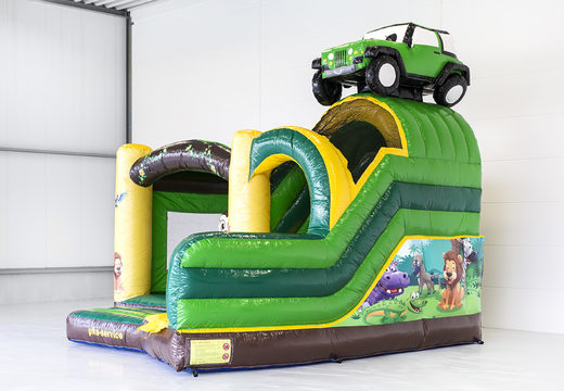 Promotional PKS - Jungle bounce houses with 3D object of a Jeep made at JB Promotions America. Custom bouncy castles in all shapes and sizes available at JB Promotions