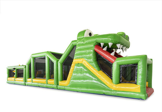 Order an obstacle course 19 meters long in a crocodile theme with appropriate 3D objects for kids. Buy inflatable obstacle courses online now at JB Inflatables America