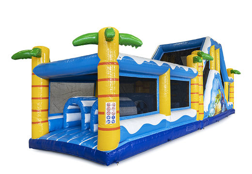 Order an obstacle course 13.5 meters long in the surf theme with appropriate 3D objects for kids. Buy inflatable obstacle courses online now at JB Inflatables America