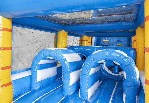 Obstacle course 13.5 meters long in a surf theme with appropriate 3D objects for children. Order inflatable obstacle courses now online at JB Inflatables America