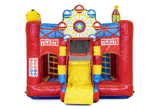Buy mini inflatable bounce house with slide in circus theme for kids. Order inflatable bounce houses with slide at JB Inflatables America