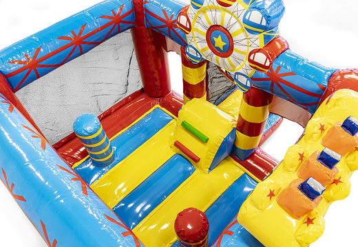 Circus-themed mini inflatable bounce house with slide for sale for kids. Order inflatable bounce houses online at JB Inflatables America