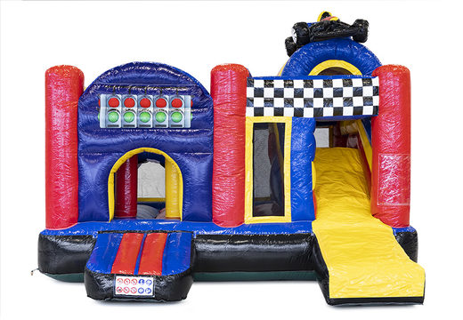 Medium inflatable multiplay bounce house in formula 1 theme for children. Order inflatable bounce houses online at JB Inflatables America