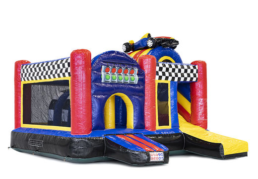 Multiplay bounce house in theme formula 1 with slide for children. Buy inflatable bounce houses online at JB Inflatables America