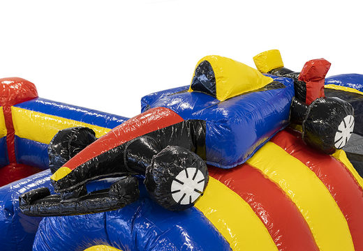 Bouncer in formula 1 theme with slide, fun objects on the jumping surface and striking 3D objects for children. Buy inflatable bouncers online at JB Inflatables America