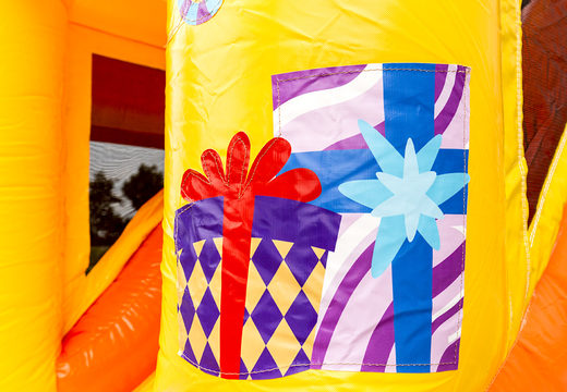 Order a small indoor inflatable multiplay bouncer in a happy party theme for children. Buy inflatable bouncers online at JB Inflatables America