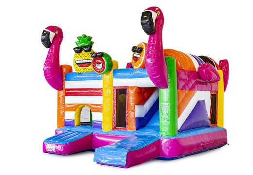 Buy inflatable open multiplay bounce house in theme flamingo with slide for children. Order inflatable bounce houses online at JB Inflatables America