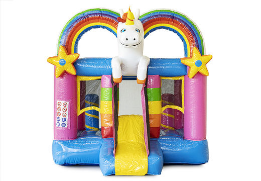 Buy mini inflatable bounce house in colorful unicorn theme with slide. Inflatable bounce houses for kids for sale at JB Inflatables America
