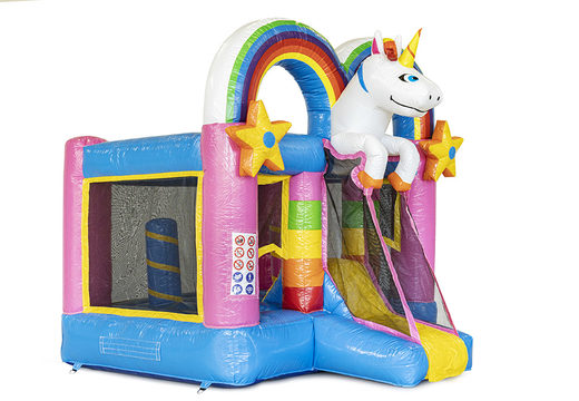 Buy mini inflatable bounce house in  unicorn theme with slide for kids. Inflatable bounce houses with slide for sale at JB Inflatables America