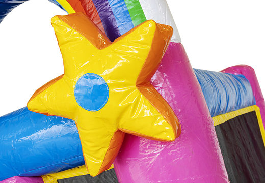 Colorful unicorn-themed mini inflatable bouncer with slide for sale. Purchase inflatable bouncers for kids online at JB Inflatables America