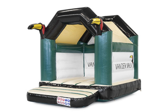 Order online inflatable Hotel van der Valk midi bounce houses completely in your own corporate identity, including the Toucan 3D object made at JB Promotions America; specialist in inflatable advertising items such as custom bounce houses