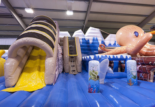Jungle, animals and seaworld themed bounce house with 8 slides, 2 climbing towers, inflatable 3D animals, fun obstacles and obstacle courses for kids. Buy bounce houses online at JB Inflatables America