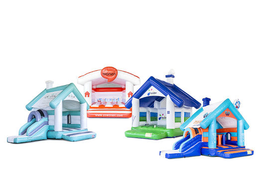 Order online inflatable custom Estate Agent bounce houses with or without a slide, in your own cheerful colors made at JB Promotions America; specialist in inflatable advertising items such as custom bounce houses