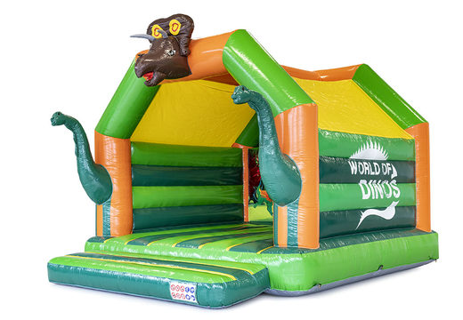 Buy custom inflatable World of dinos A Frame Super bounce houses with unique 3D objects and dino illustrations in different shapes and sizes. Promotional bounce houses in all shapes and sizes made at JB Promotions  America
