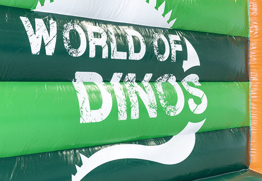 Order now custom World of dinos A Frame Super bounce houses with unique 3D objects and dino illustrations at JB Promotions America. Custom inflatable advertising bouncers in different shapes and sizes for sale