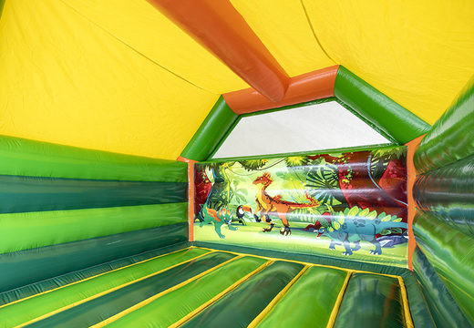 Personalized World of dinos A Frame Super bounce houses with unique 3D objects and dino illustrations for various events for sale. Buy custom inflatable promotional bouncers online from JB Inflatables America now