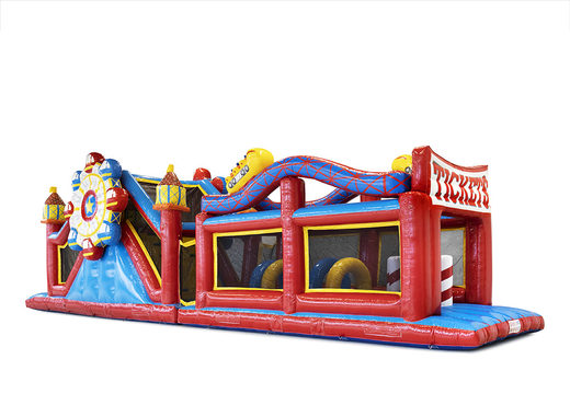 Order a 17 meter wide unique rollercoaster themed obstacle course for kids. Buy inflatable obstacle courses online now at JB Inflatables America