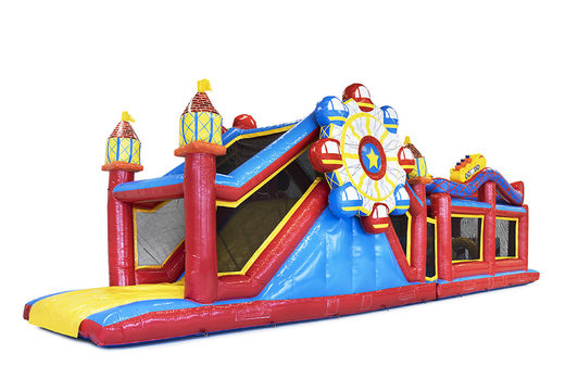 Order a 17 meter wide unique rollercoaster themed obstacle course with 7 game elements and colorful objects for children. Buy inflatable obstacle courses online now at JB Inflatables America