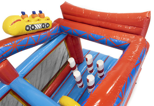 Buy a 17 meter wide rollercoaster themed obstacle course with 7 game elements and colorful objects for kids. Order inflatable obstacle courses now online at JB Inflatables America