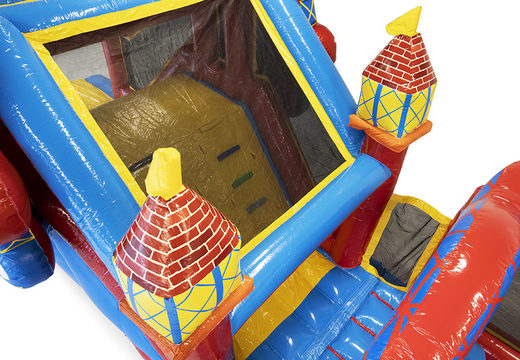 Inflatable unique 17 meter wide rollercoaster themed obstacle course with 7 game elements and colorful objects for children. Order inflatable obstacle courses now online at JB Inflatables America