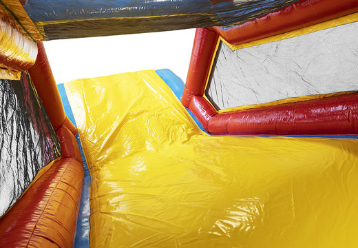 Buy an inflatable obstacle course 17 meters wide, themed rollercoaster with 7 game elements and colorful objects for children. Order inflatable obstacle courses now online at JB Inflatables America