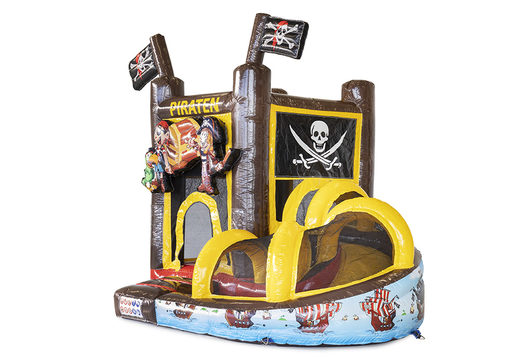 Buy online costum mini flevojump bounce houses with pirate slide in your own corporate identity at JB Inflatables America. Request a free design for inflatable bounce houses in your  own corporate identity
