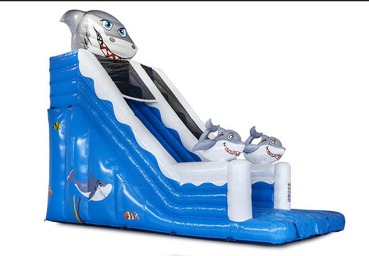 Shark super slide with the cheerful colors, 3D objects and nice print order. Buy inflatable slides now online at JB Inflatables America