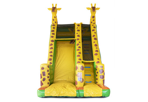 Get your inflatable giraffe slide with the cheerful colors, 3D objects and fun print on the side wall for children. Order inflatable slides now online at JB Inflatables America
