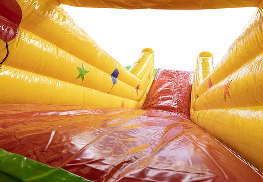 Get your inflatable clown slide with the cheerful colors, 3D objects and fun print on the side wall for children. Order inflatable slides now online at JB Inflatables America