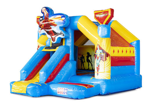 Buy a small indoor inflatable multiplay bounce house with slide in the theme of superhero for children. Order now inflatable bounce houses with slide at JB Inflatables America