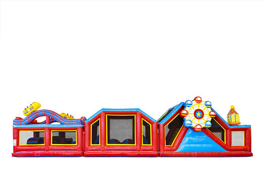 Order a modular 19m rollercoaster themed obstacle course with matching 3D objects and double courses in different themes for children. Buy inflatable obstacle courses online now at JB Inflatables America