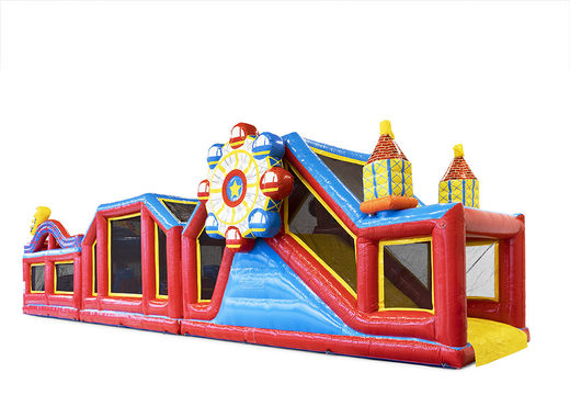 Buy inflatable 19 meter modular obstacle course in the theme rollercoaster with matching 3D objects and double courses in different themes for kids. Order inflatable obstacle courses now online at JB Inflatables America