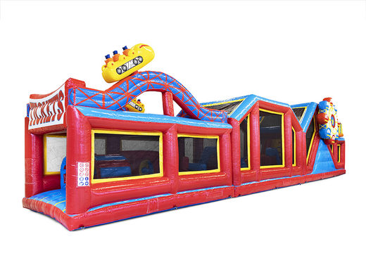 Modular rollercoaster obstacle course, 19 meters long with matching 3D objects and double courses in different themes for children. Order inflatable obstacle courses now online at JB Inflatables America