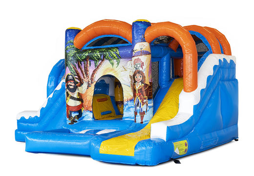 Buy a small indoor inflatable multiplay bounce house in pirate theme with slide for children. Order inflatable bounce houses online at JB Inflatables America