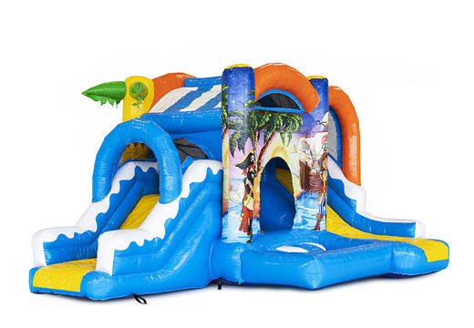 Buy a small inflatable bounce house in a pirate theme with slide for children. Order inflatable bounce houses online at JB Inflatables America