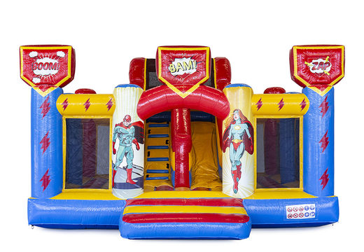 Order custom Inflatable Hello 29 Slidebox Superhero bounce houses at JB Inflatables America. Request a free design for inflatable bounce houses in your own corporate identity at JB Promotions America