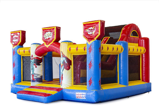 Custom Hello 29 Slidebox Superhero bounce houses are perfect for various events. Order custom made promotional bounce houses at JB Promotions America