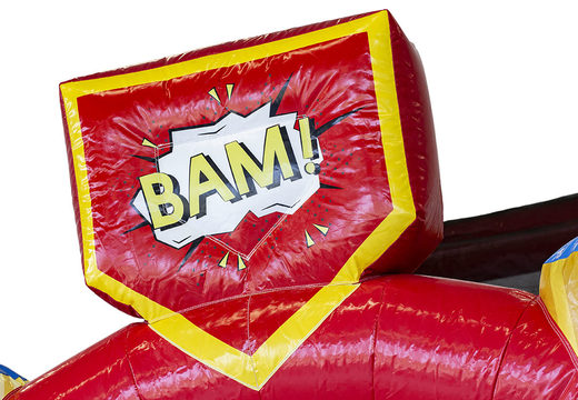 Order custom Hello 29 Slidebox Superhero  bounce houses at JB Promotions America; specialist in inflatable advertising items such as custom bouncers