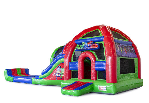 Order Custom PJ Masks super color multiplay bounce houses, available with a bath, logo or your own art work at JB Inflatables Netherlands. Request a free design for inflatable bounce houses in your own corporate identity now