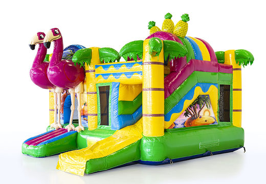 Custom Multiplay inflatables Flamingo are perfect for camping. Order custom-made promotional bounce houses at JB Promotions America