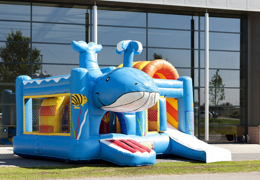 Buy medium inflatable whale themed multiplay bounce house with slide for kids. Order inflatable bounce houses online at JB Inflatables America