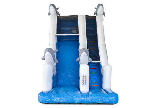 Buy a dolphin themed inflatable slide with 3D objects for kids. Order inflatable slides now online at JB Inflatables America